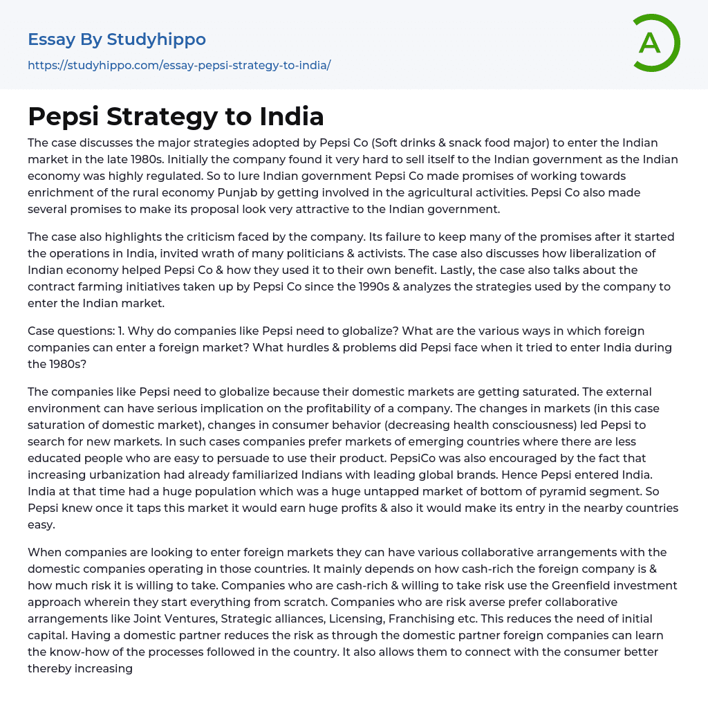 Pepsi Strategy to India Essay Example