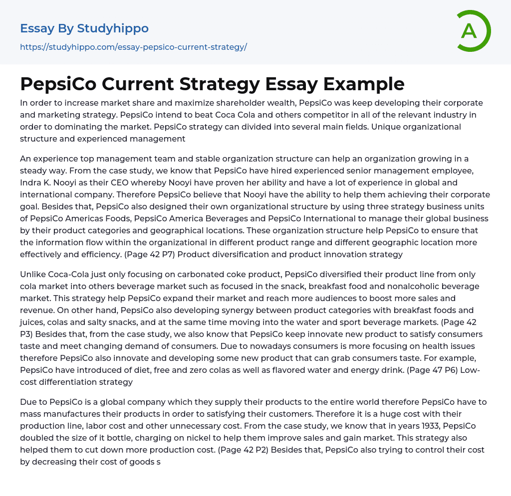 PepsiCo Current Strategy Essay Example