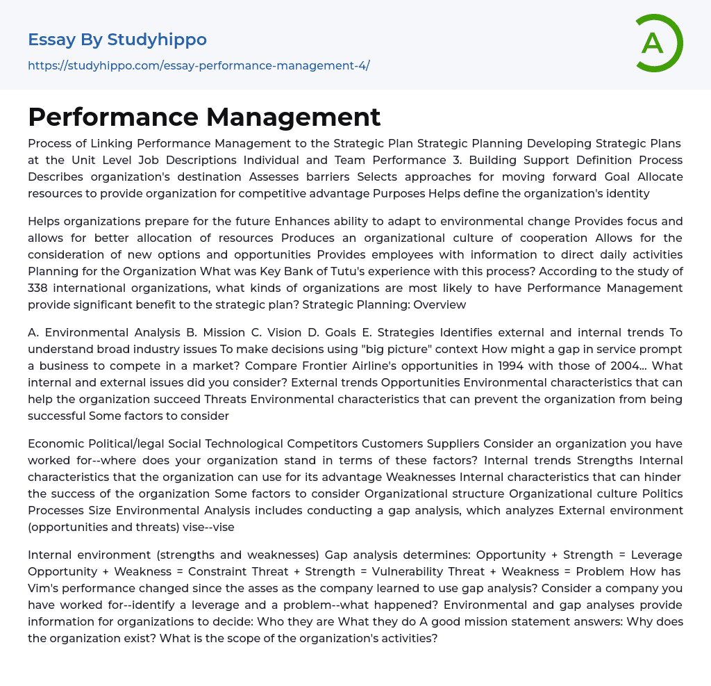 Performance Management Essay Example