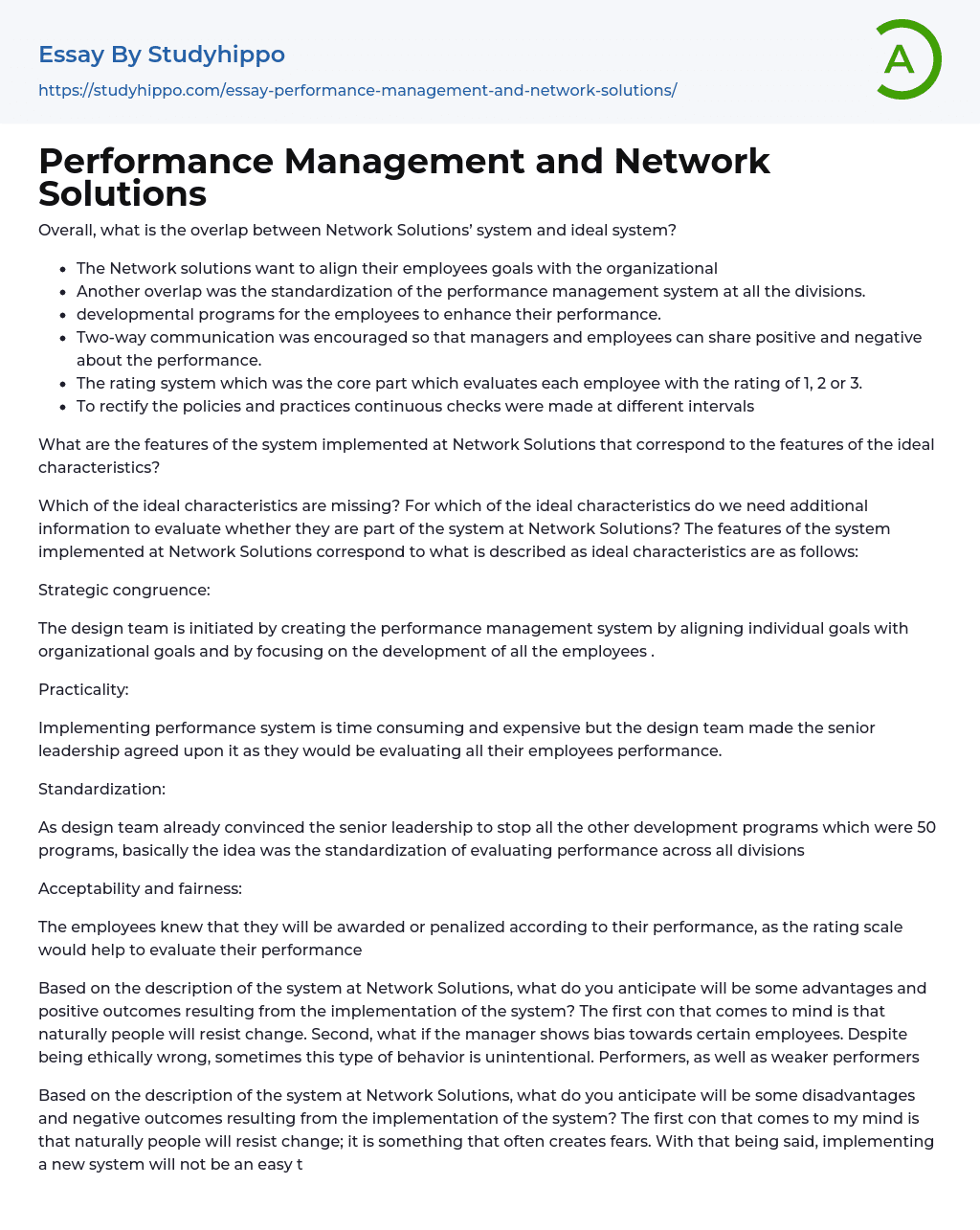 Performance Management and Network Solutions Essay Example