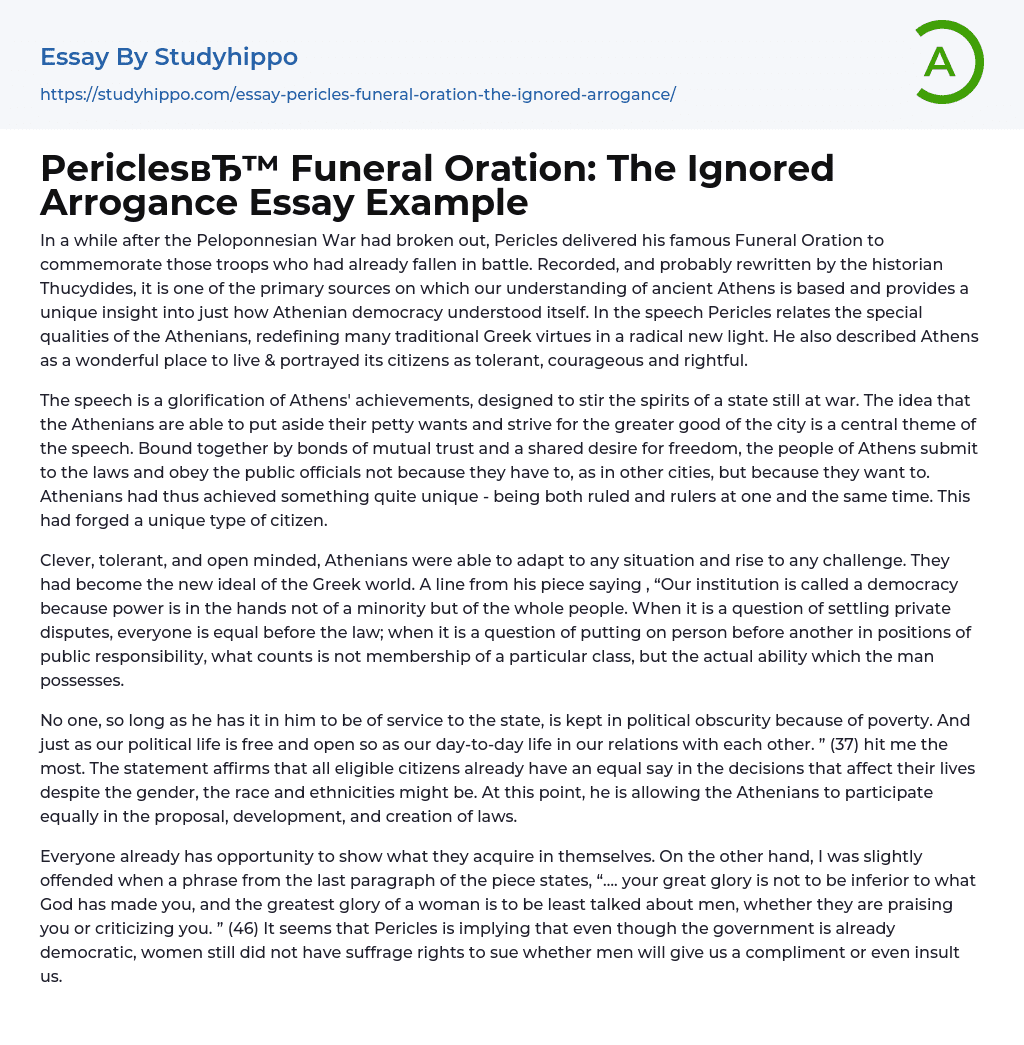 Pericles Funeral Oration: The Ignored Arrogance Essay Example