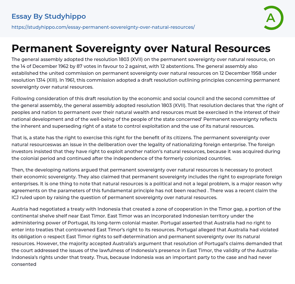Permanent Sovereignty over Natural Resources Essay Example