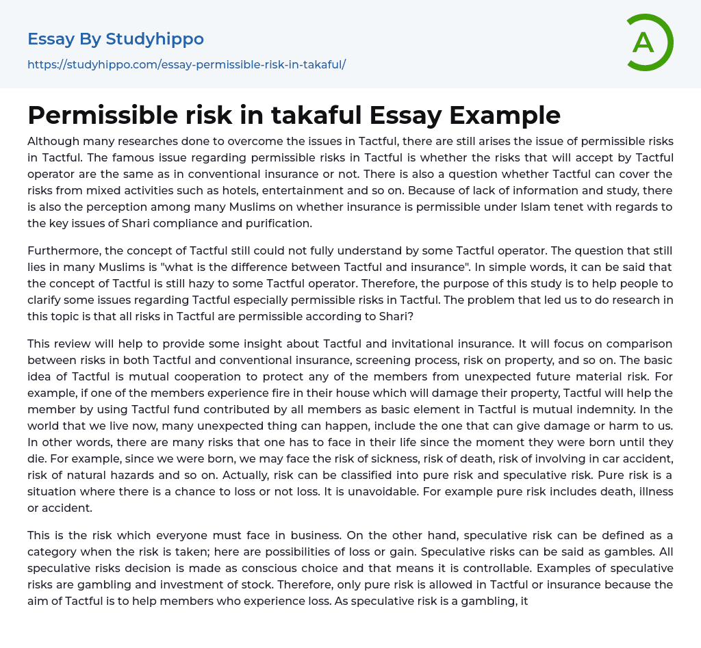 Permissible risk in takaful Essay Example