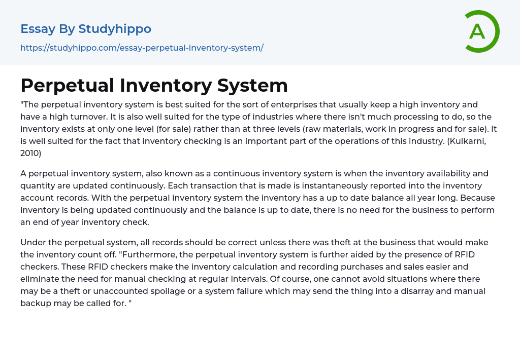 Perpetual Inventory System Essay Example