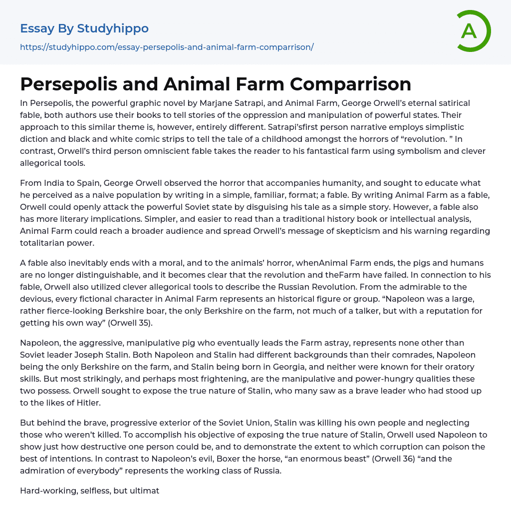 Persepolis and Animal Farm Comparrison Essay Example