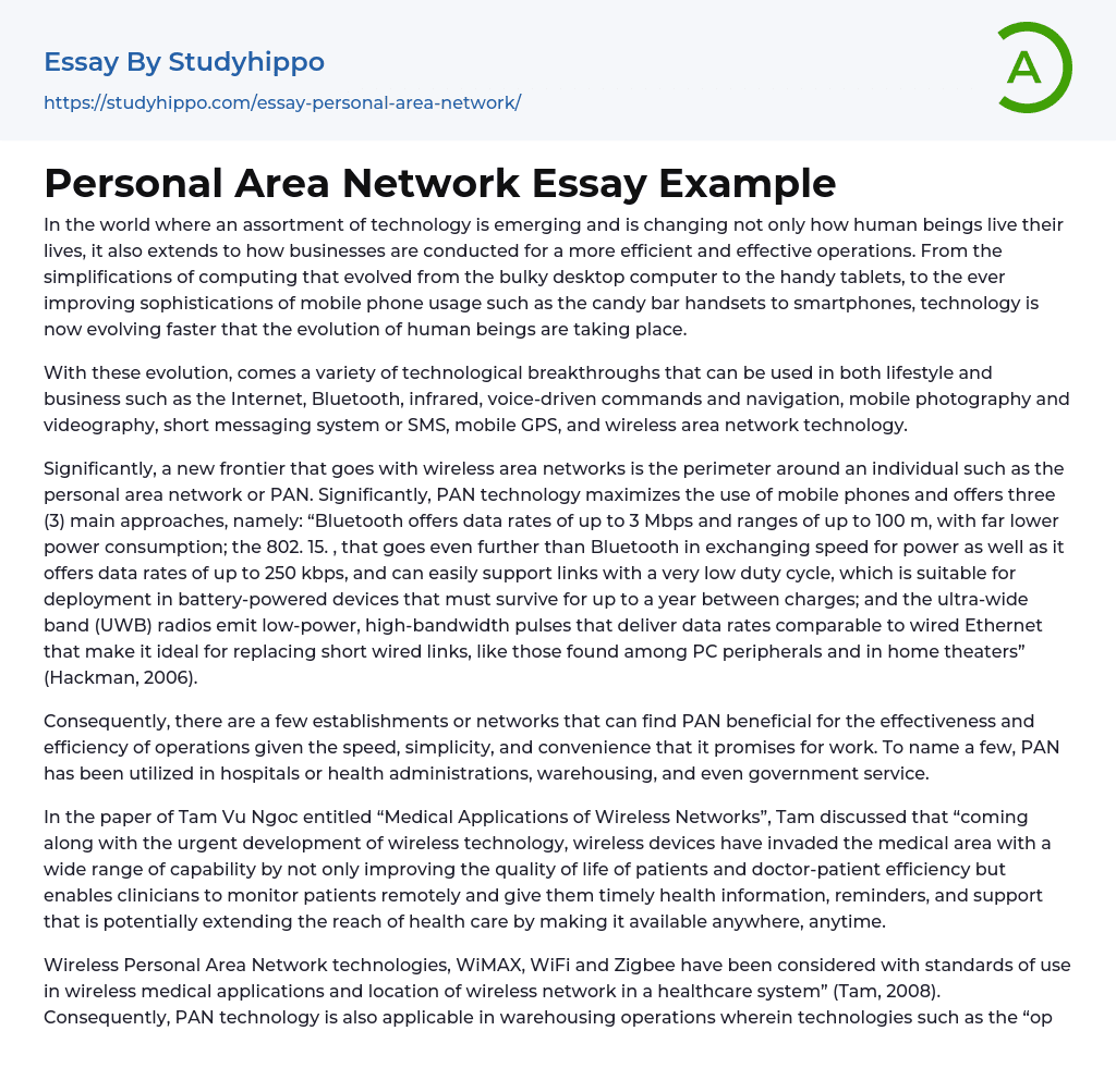 Personal Area Network Essay Example