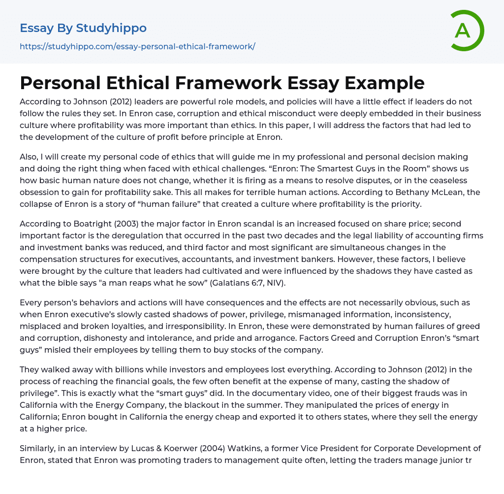 Personal Ethical Framework Essay Example