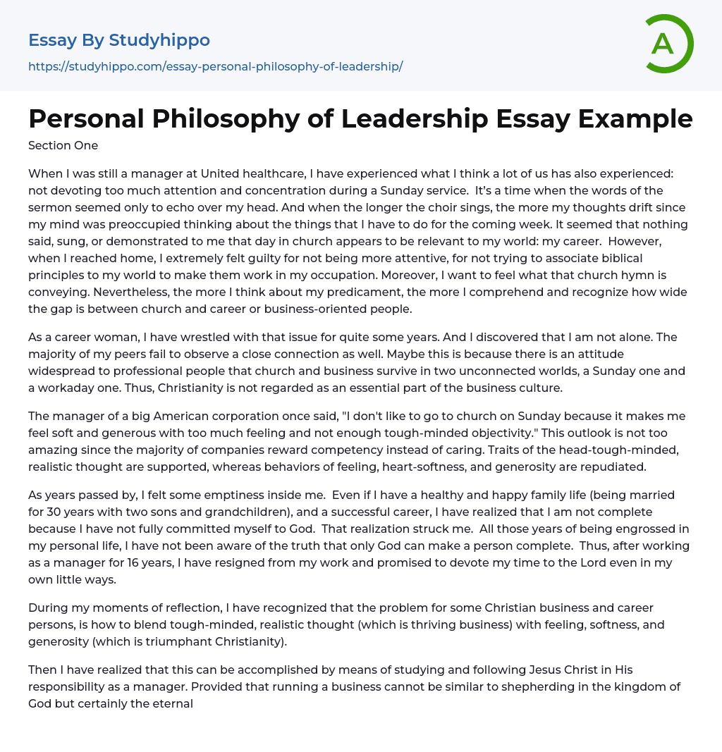 Personal Philosophy of Leadership Essay Example
