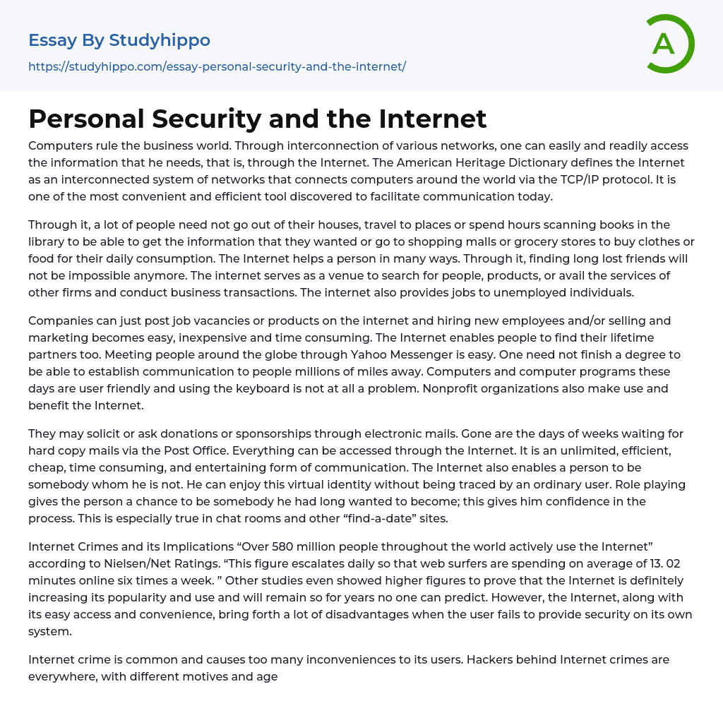 Personal Security and the Internet Essay Example