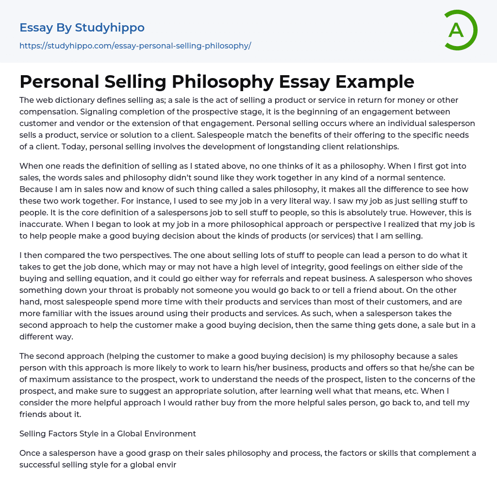 Personal Selling Philosophy Essay Example