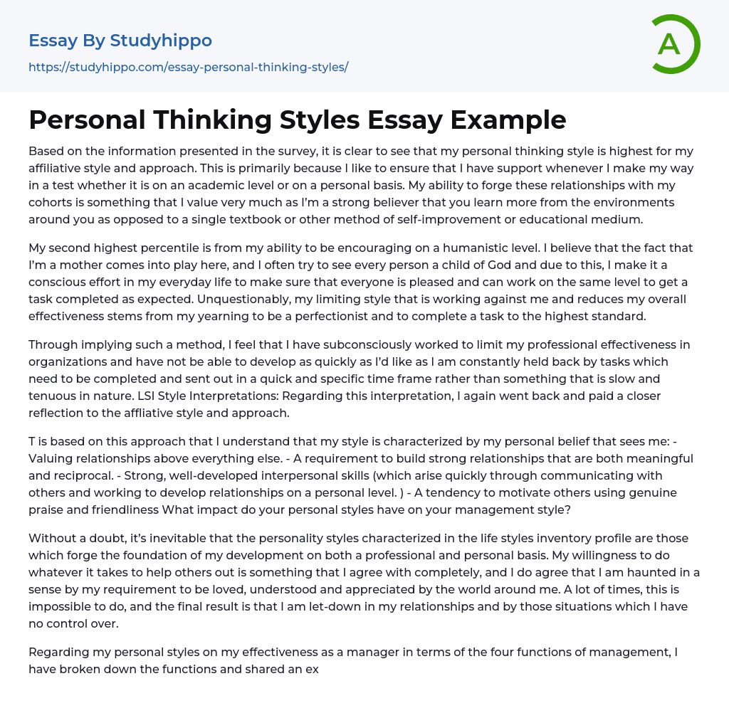 Personal Thinking Styles Essay Example