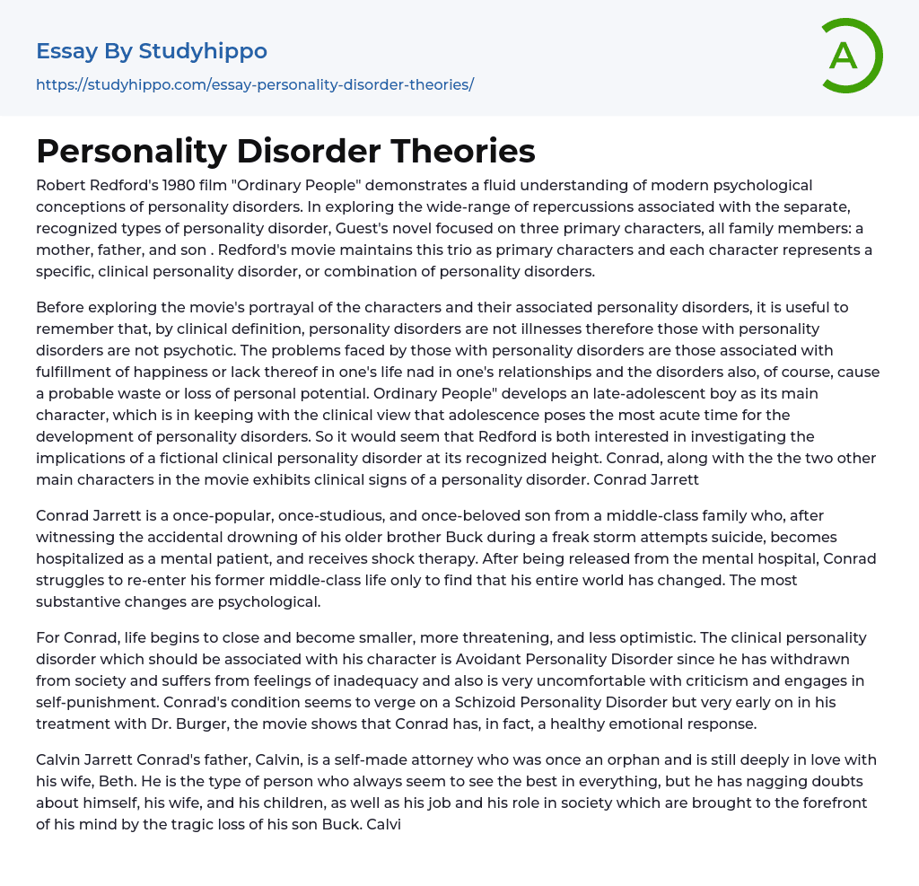 Personality Disorder Theories Essay Example