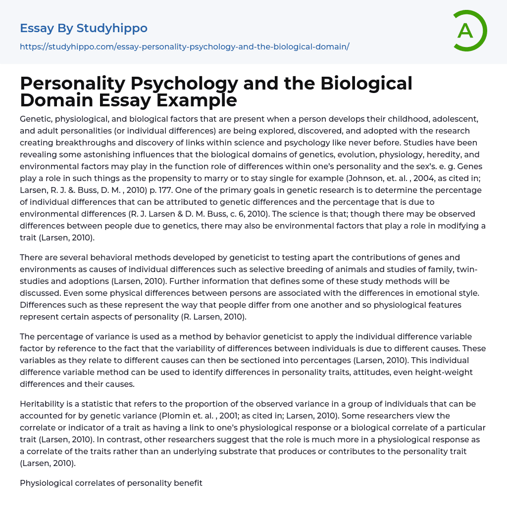 Personality Psychology and the Biological Domain Essay Example