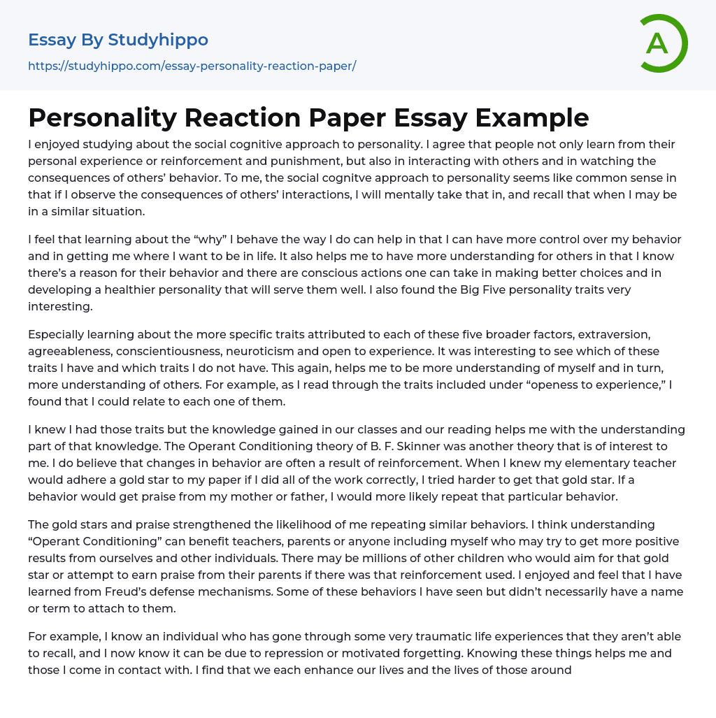 Personality Reaction Paper Essay Example