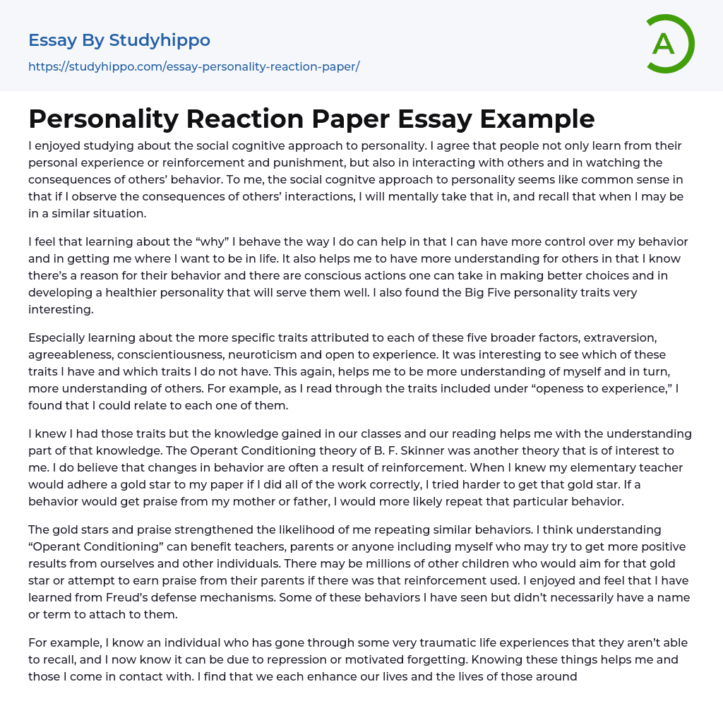 Personality Reaction Paper Essay Example StudyHippo