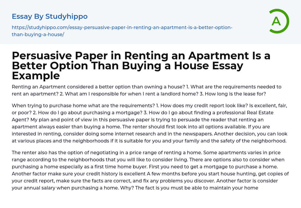 Persuasive Paper in Renting an Apartment Is a Better Option Than Buying a House Essay Example