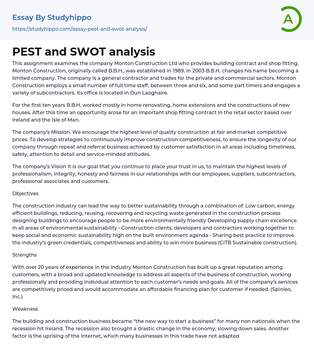 PEST and SWOT analysis Essay Example