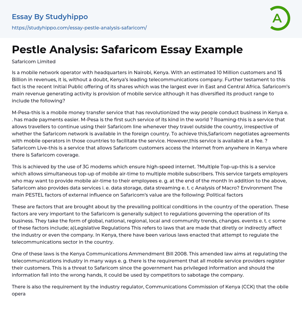 Pestle Analysis: Safaricom Essay Example