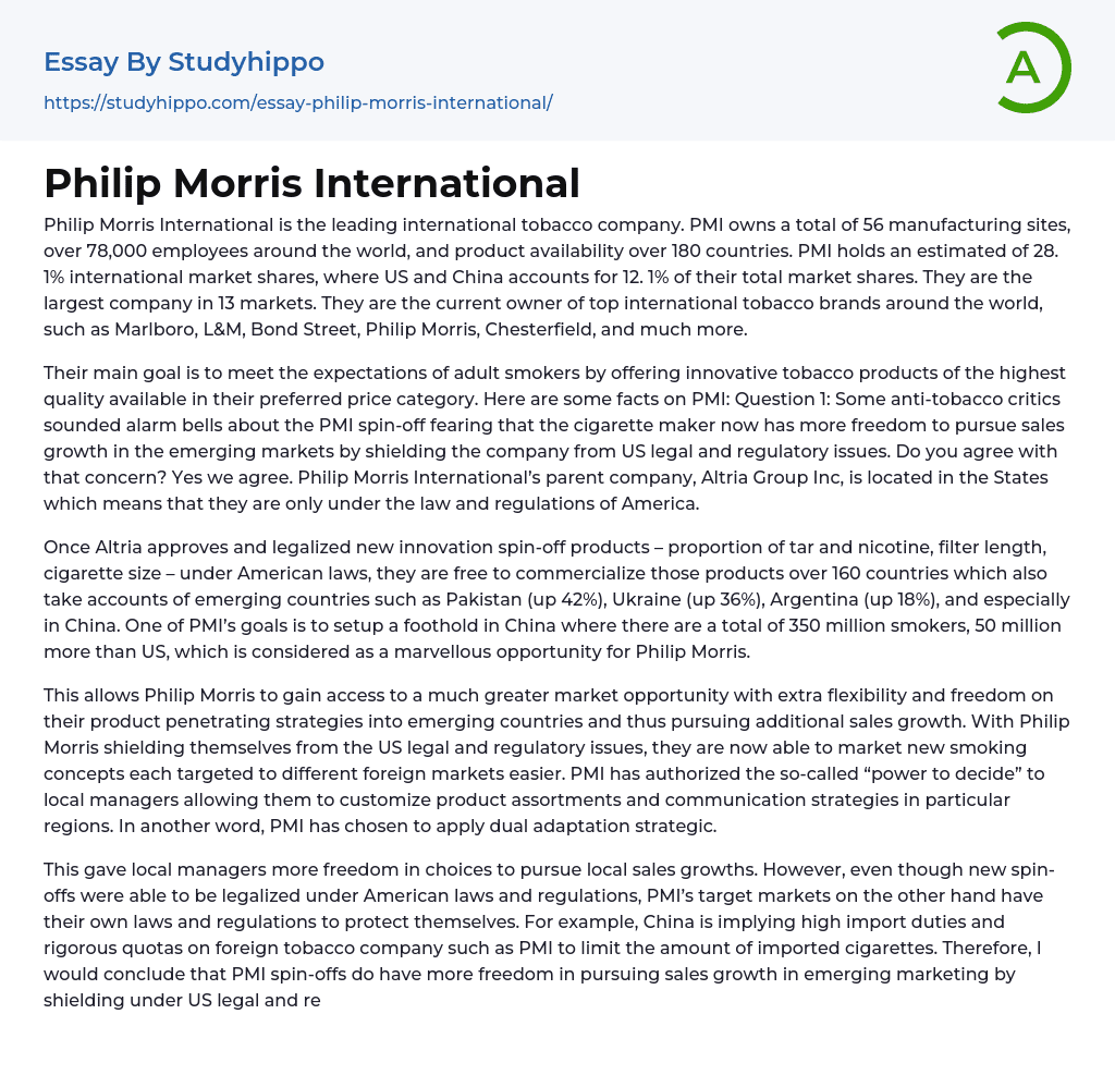Philip Morris International Essay Example