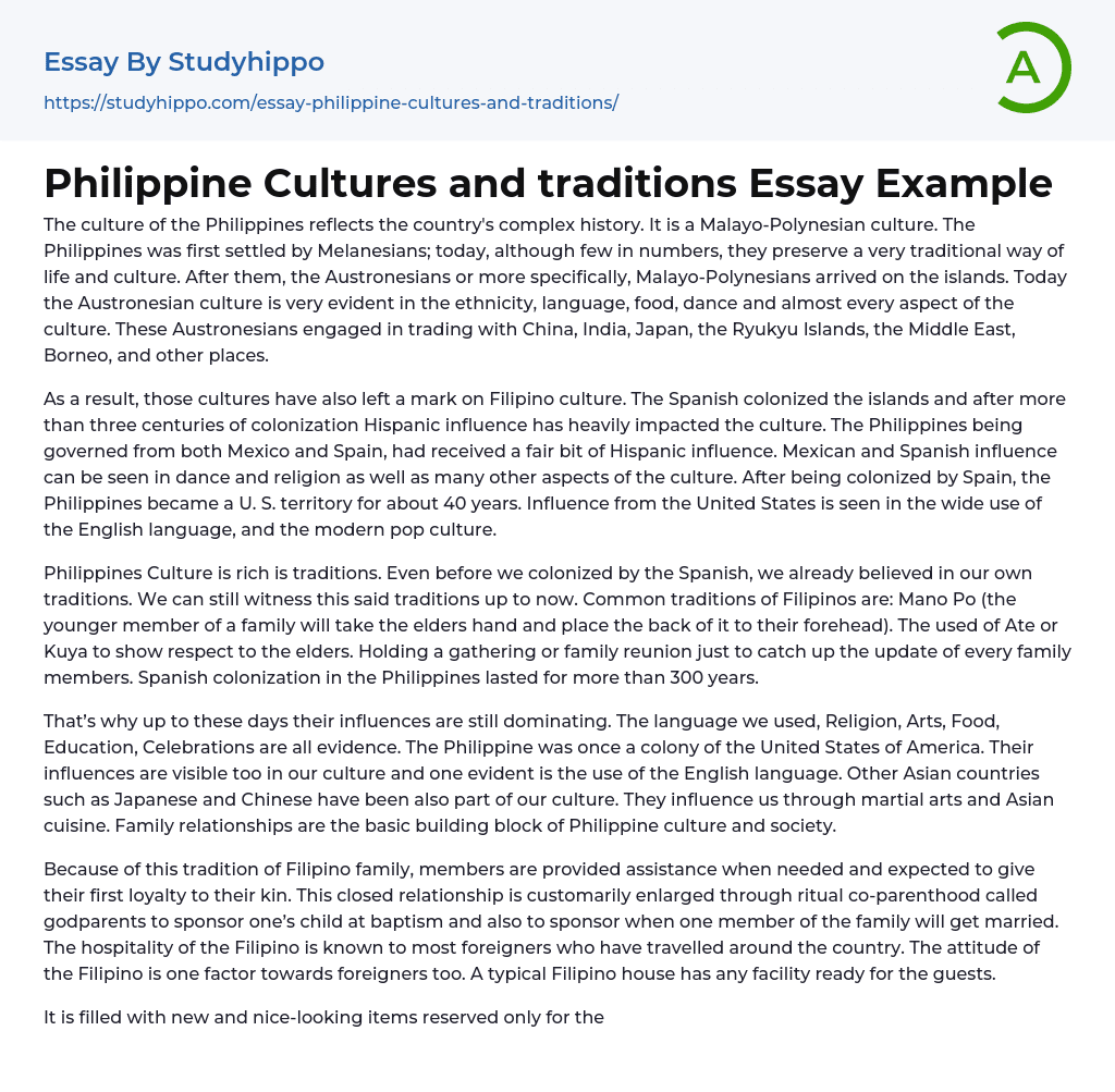 Philippine Cultures and traditions Essay Example