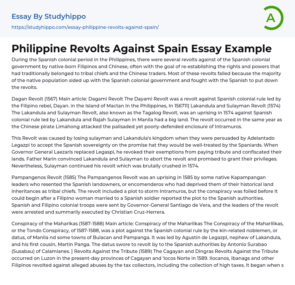 Philippine Revolts Against Spain Essay Example