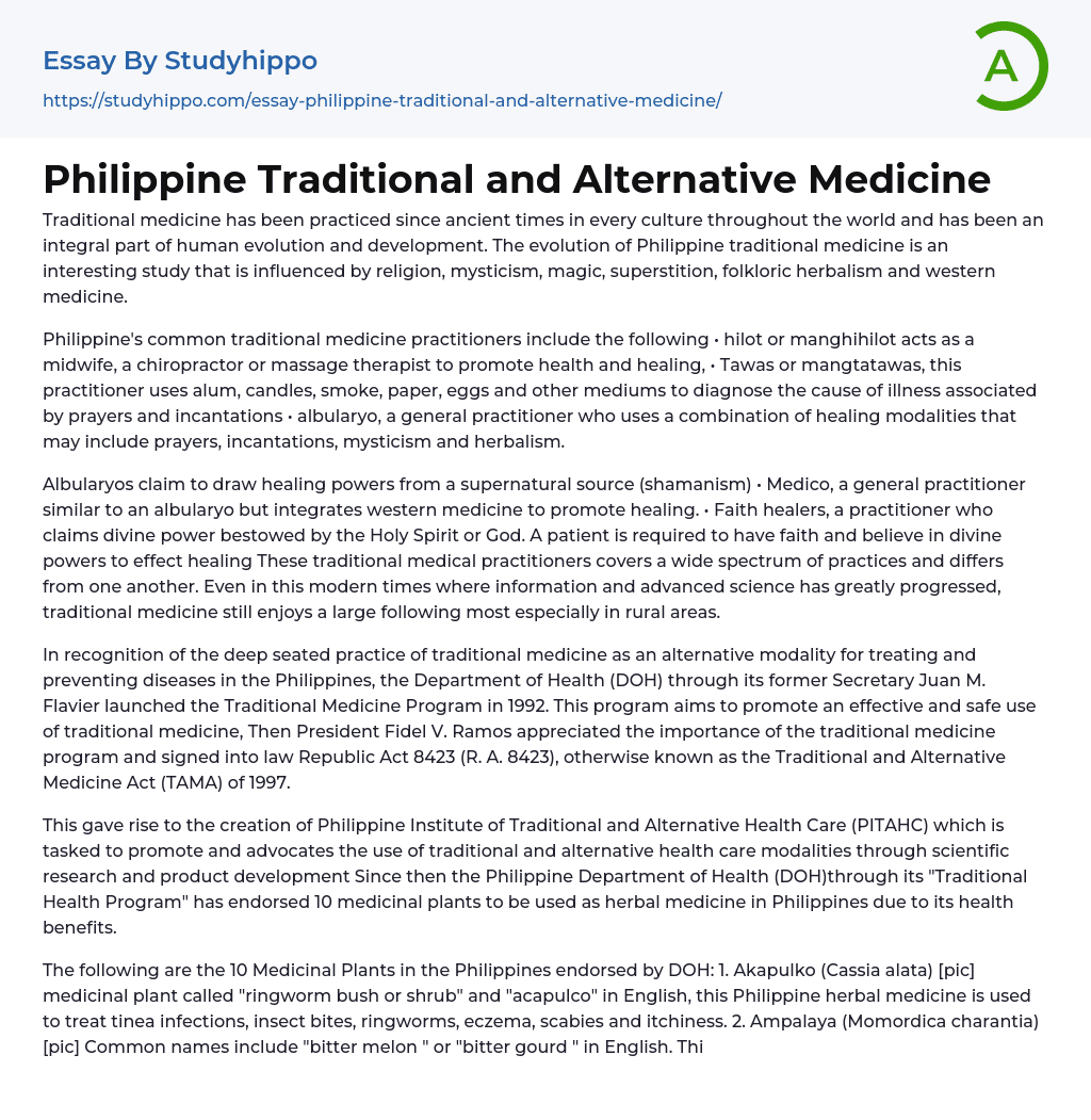 Philippine Traditional and Alternative Medicine Essay Example