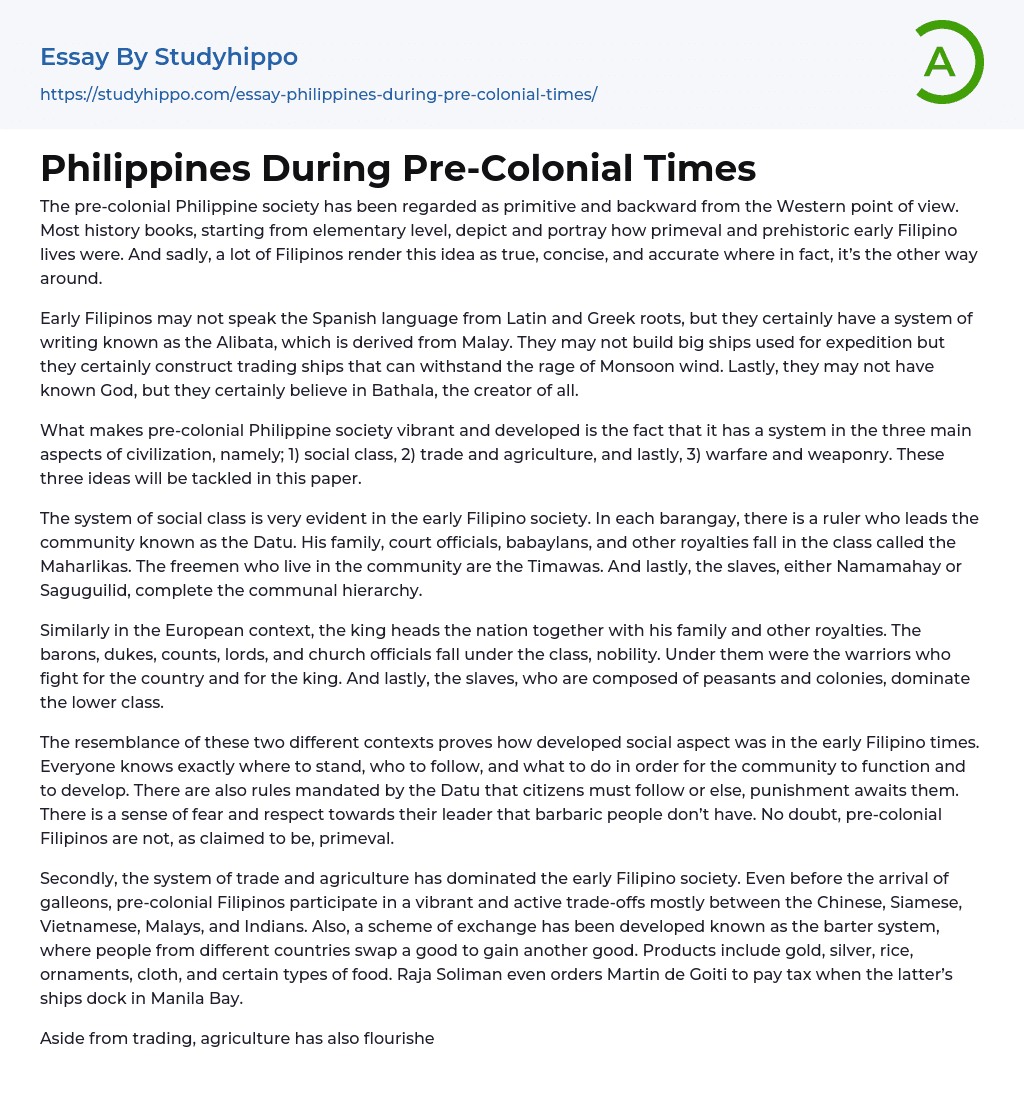 Philippines During Pre-Colonial Times Essay Example