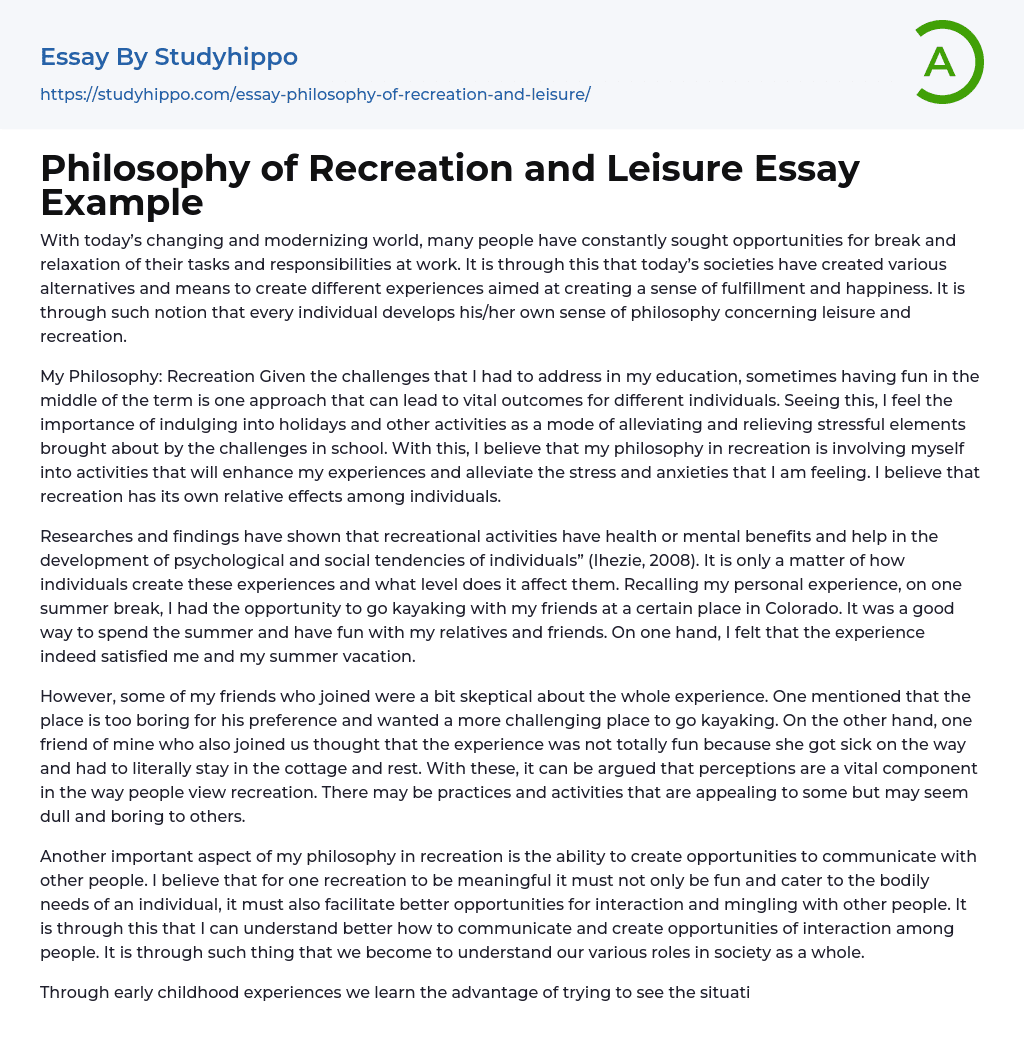Philosophy of Recreation and Leisure Essay Example