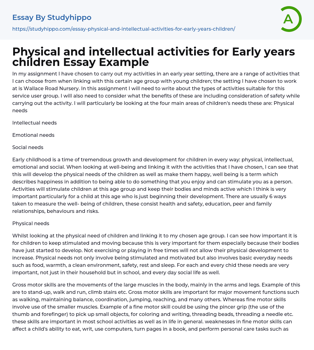 Physical and intellectual activities for Early years children Essay Example