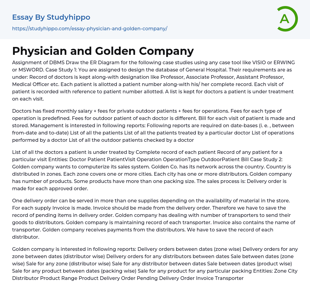 Physician and Golden Company Essay Example