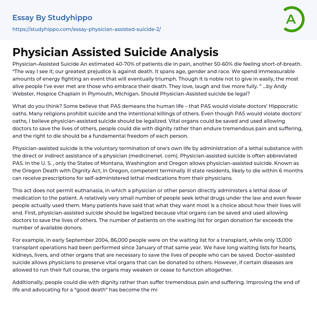 Physician Assisted Suicide Analysis Essay Example