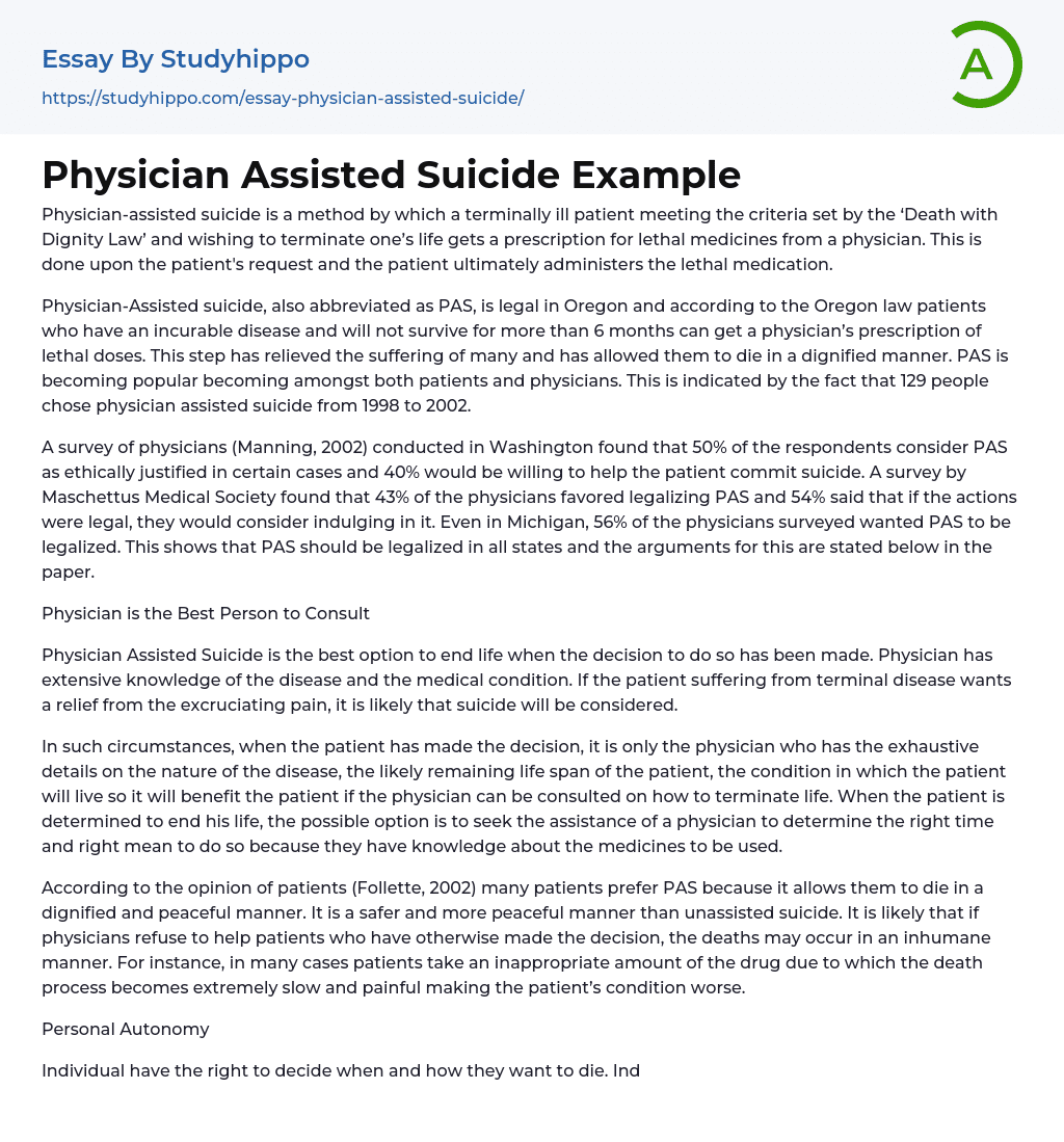 Physician Assisted Suicide Example Essay Example