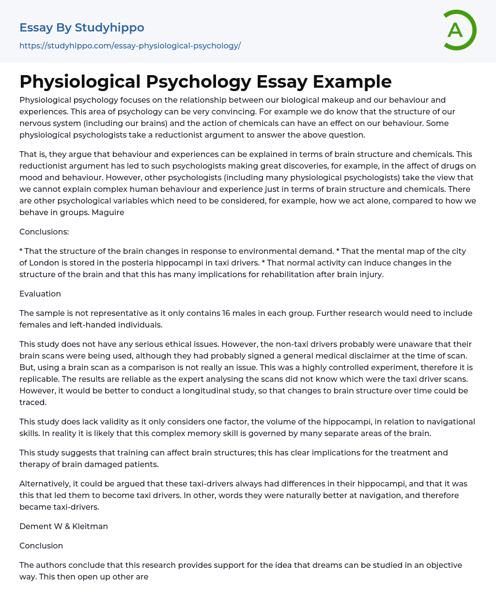 Physiological Psychology Essay Example