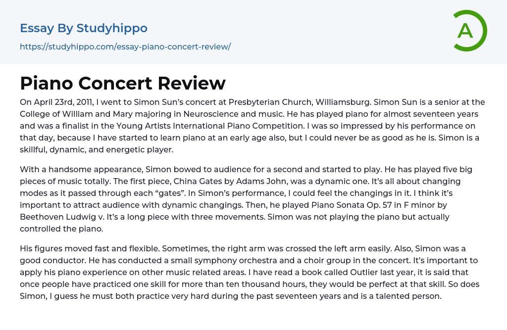 Piano Concert Review Essay Example