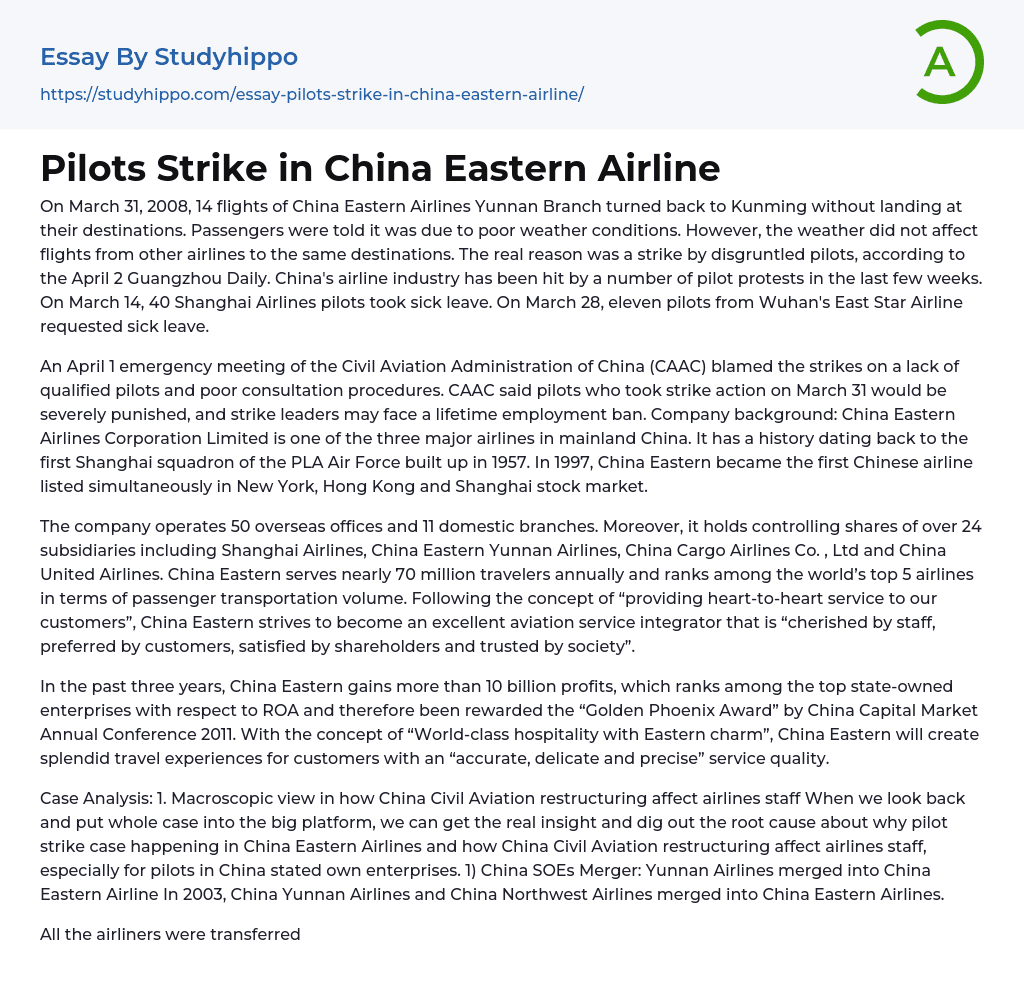 Pilots Strike in China Eastern Airline Essay Example
