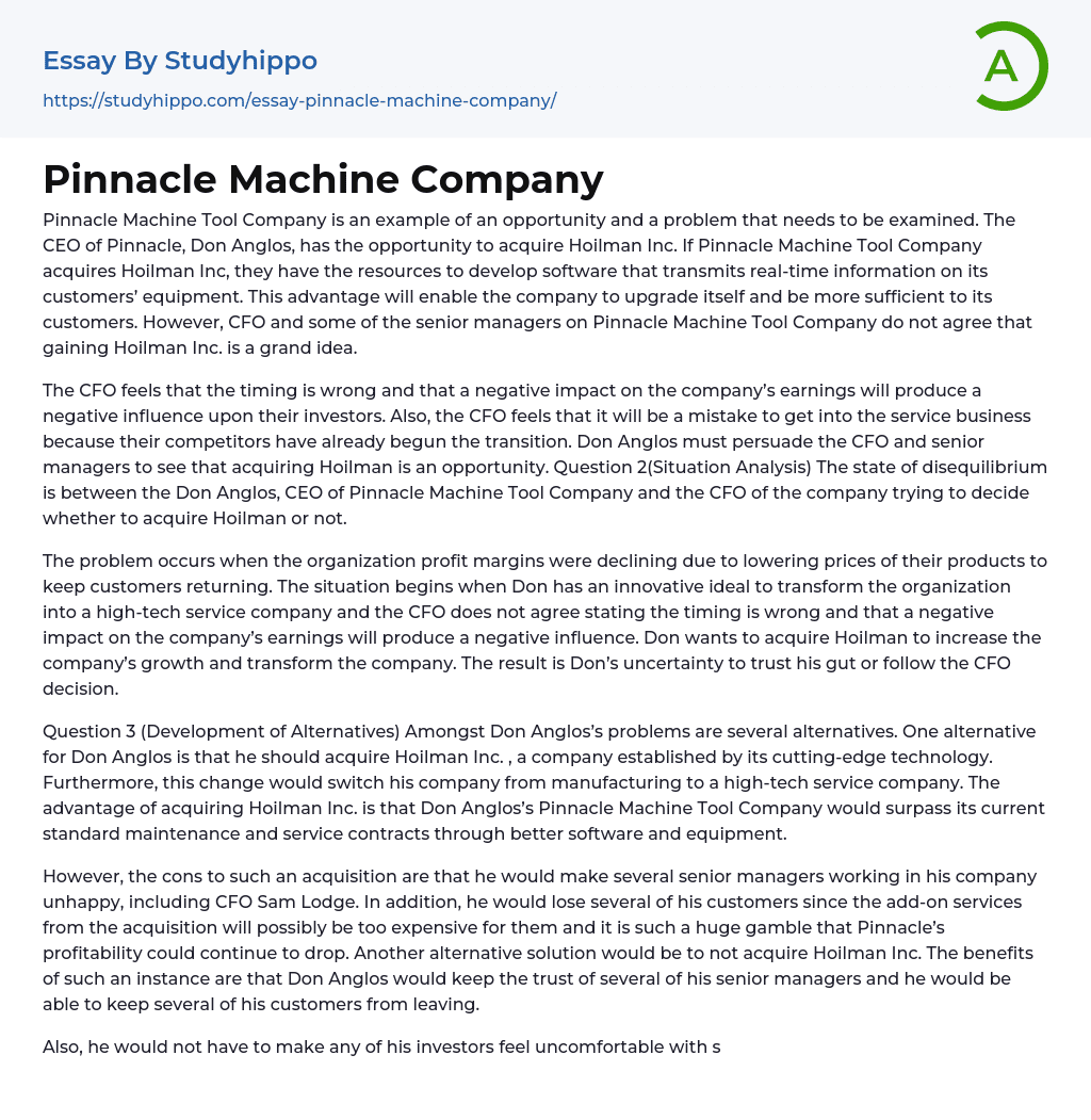 Pinnacle Machine Company Essay Example
