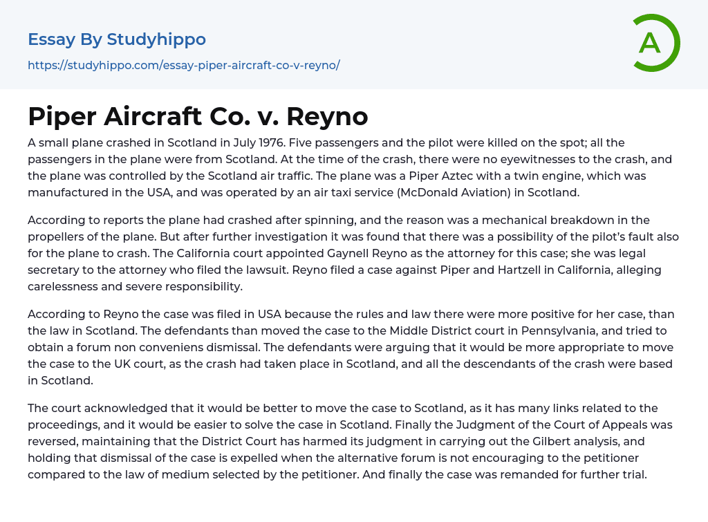 Piper Aircraft Co. v. Reyno Essay Example