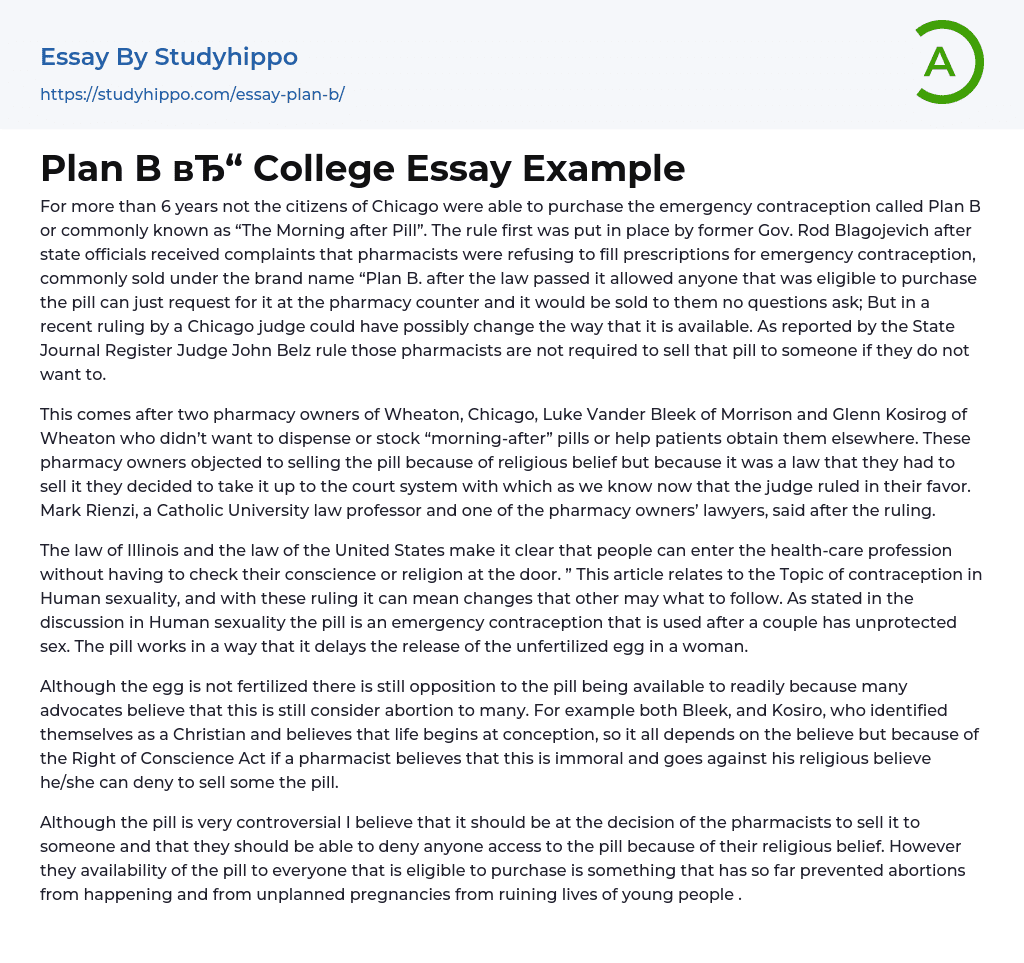 Plan B College Essay Example