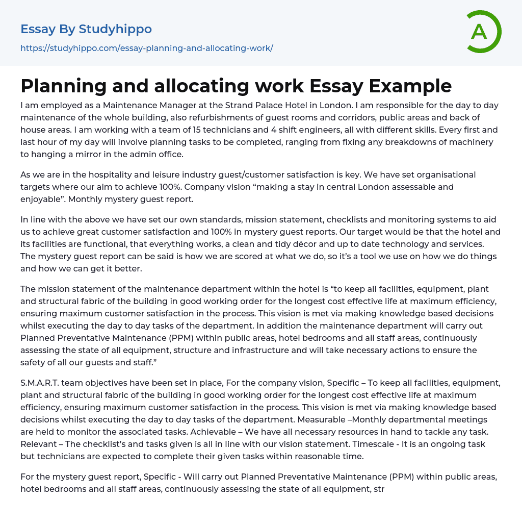 Planning and allocating work Essay Example