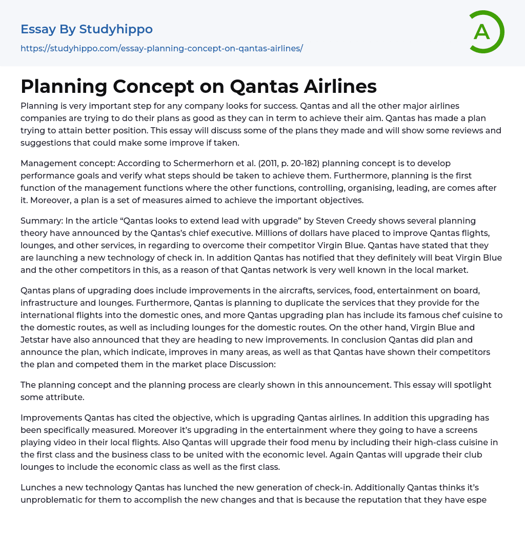 Planning Concept on Qantas Airlines Essay Example