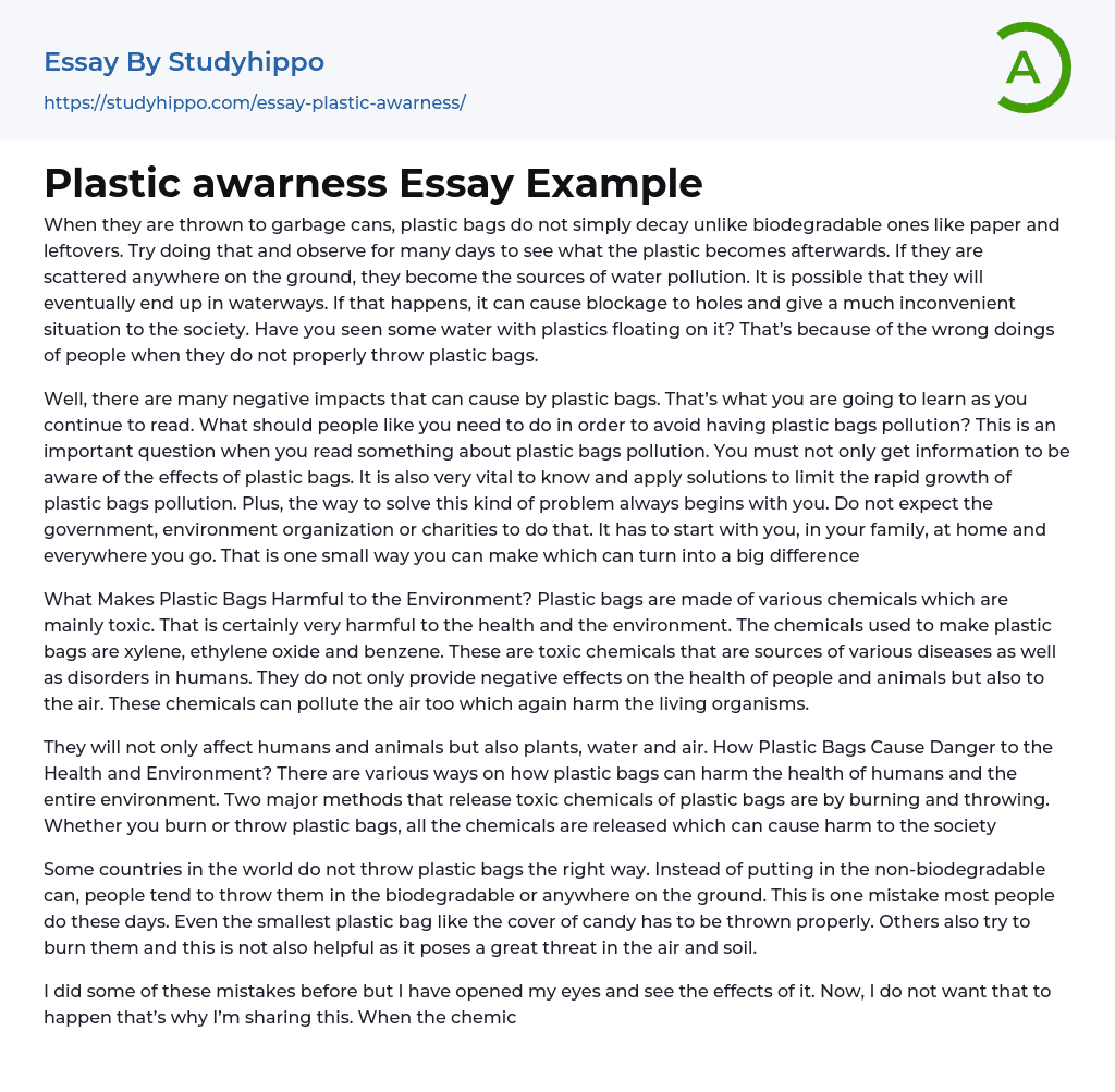 Plastic awarness Essay Example