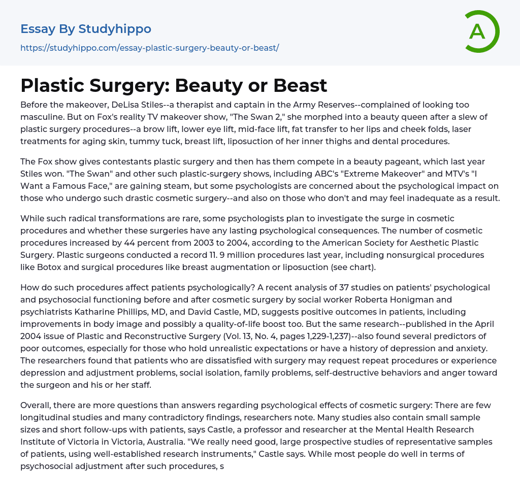 Plastic Surgery: Beauty or Beast Essay Example