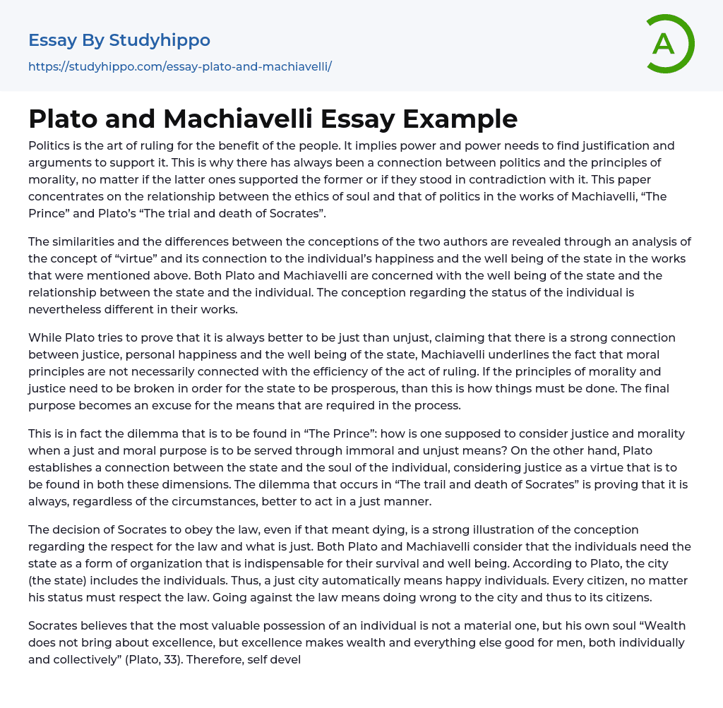 Plato and Machiavelli Essay Example