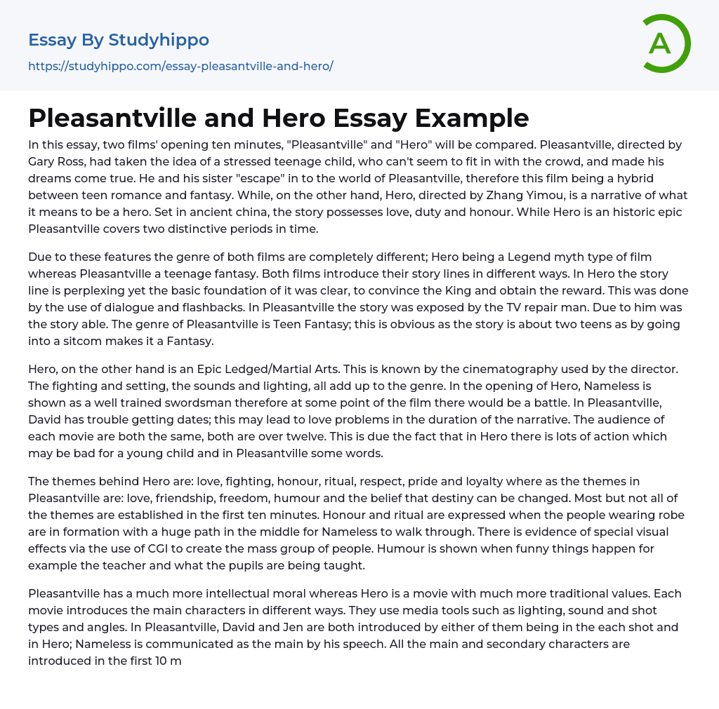 Pleasantville and Hero Essay Example