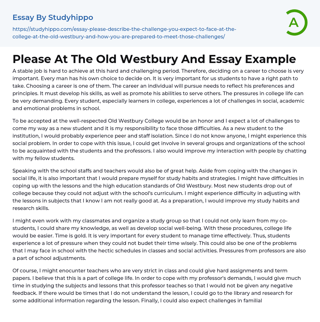 Please At The Old Westbury And Essay Example