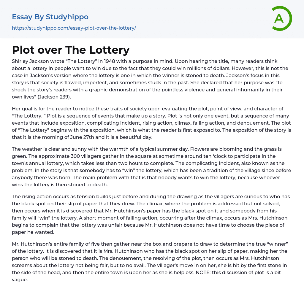 Plot over The Lottery Essay Example