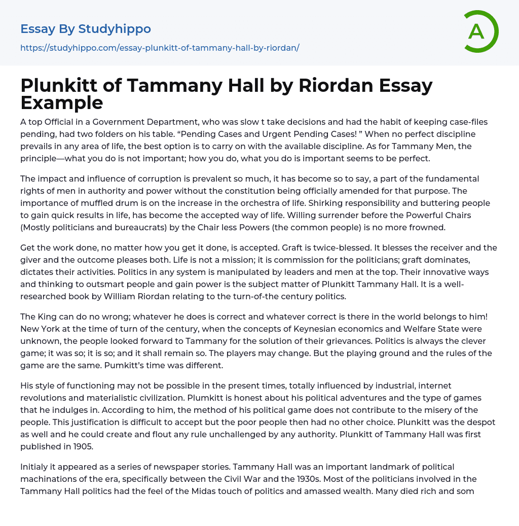 Plunkitt of Tammany Hall by Riordan Essay Example