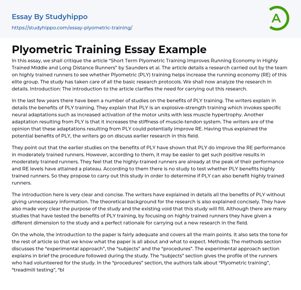 Plyometric Training Essay Example