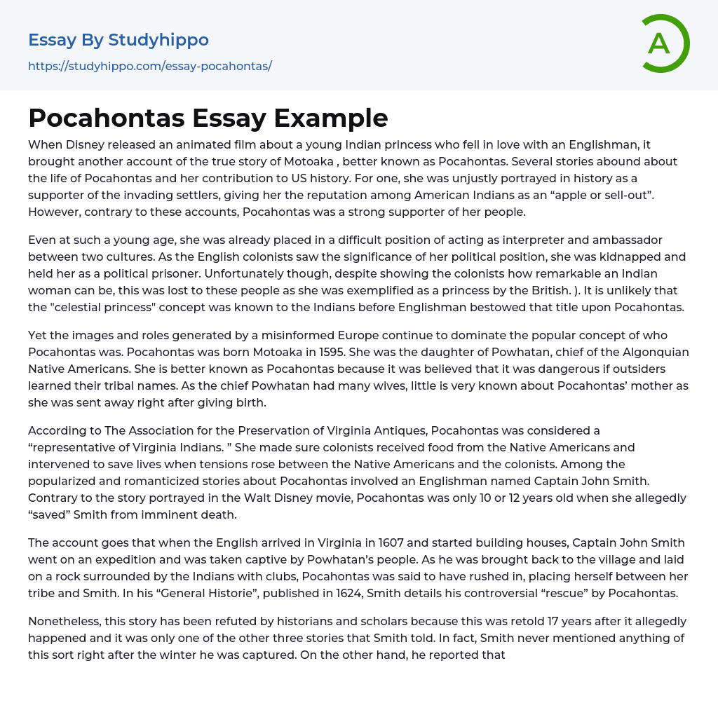 Pocahontas Essay Example