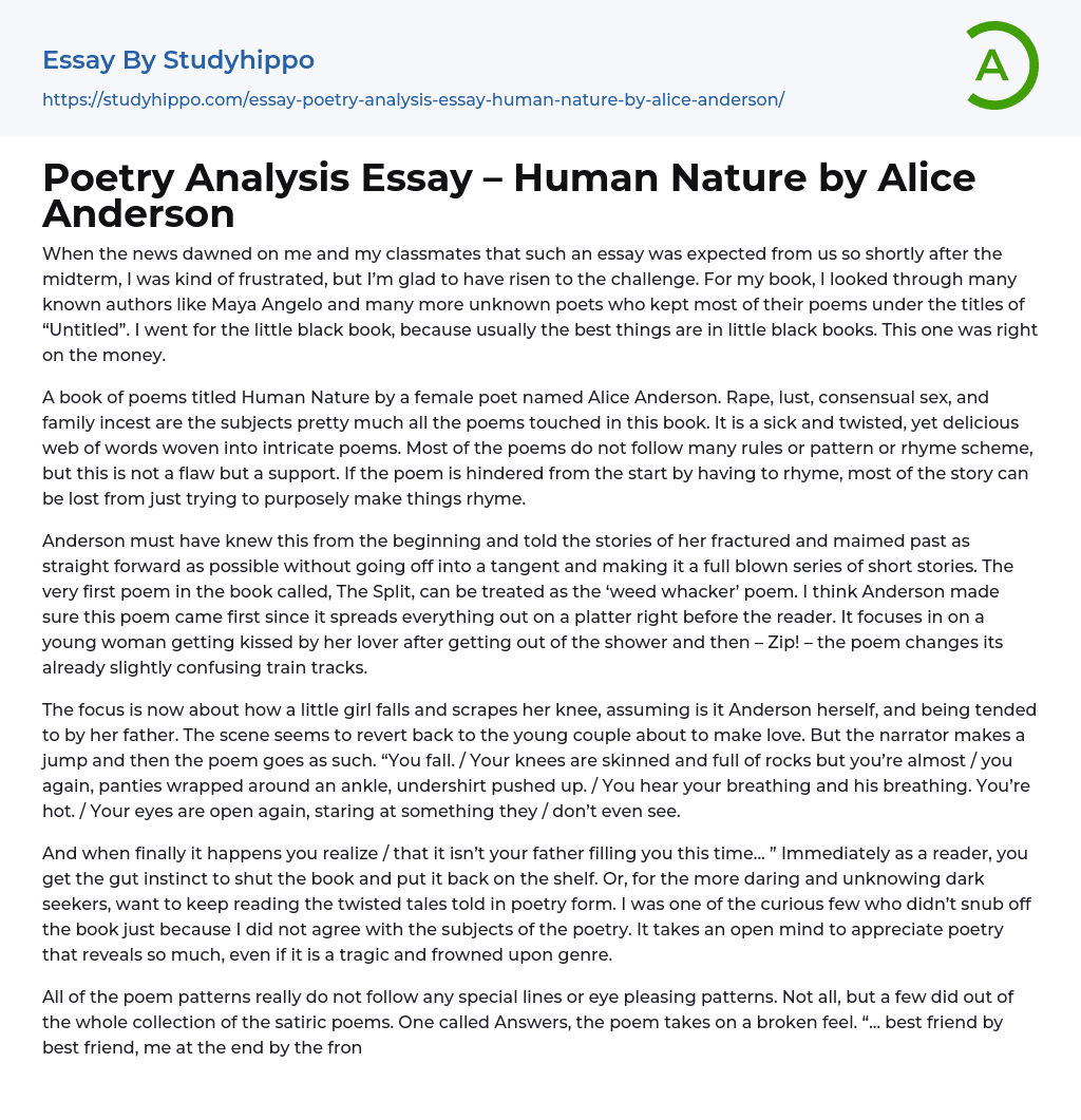 Poetry Analysis Essay – Human Nature by Alice Anderson